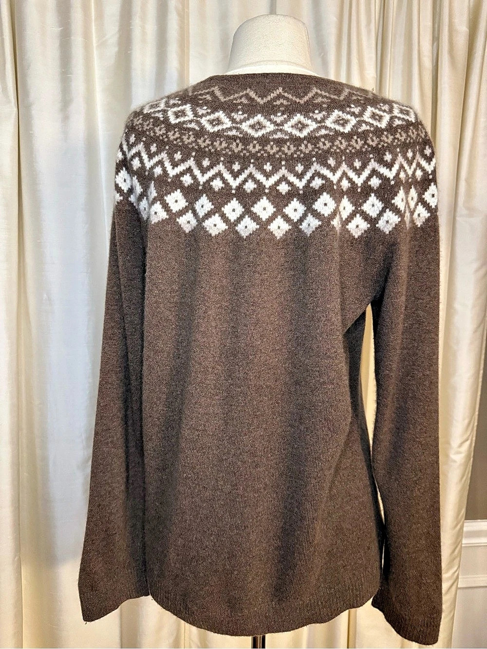 L.L.Bean 100% Cashmere Fair Isle Sweater Women’s XL Brown Ivory Nordic Après Ski - Picture 5 of 9